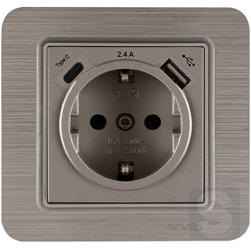 Розетка с заземлением и шторками USB-A + USB-C 5V-2.4A Arvia Electric Lavin Медь (21 28 4010 301)